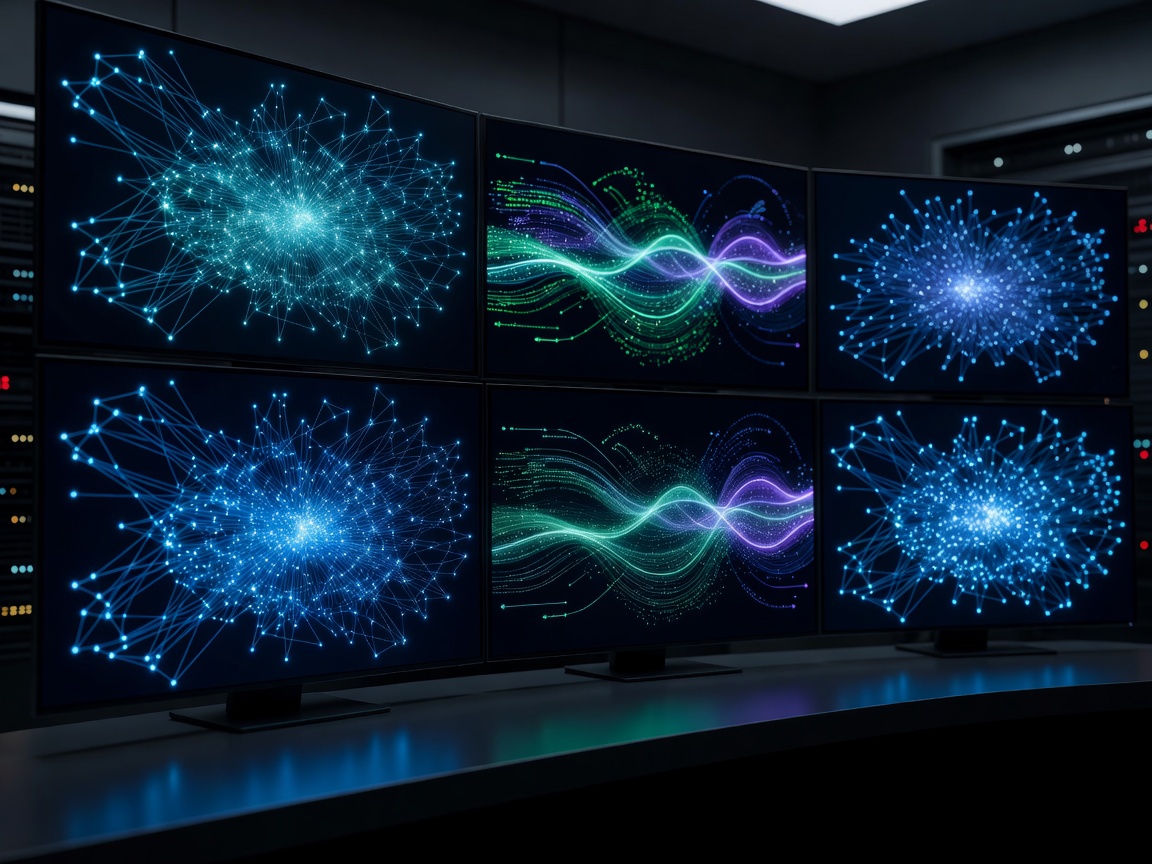 Analytical computer displays depicting interconnected node networks and transmission diagrams