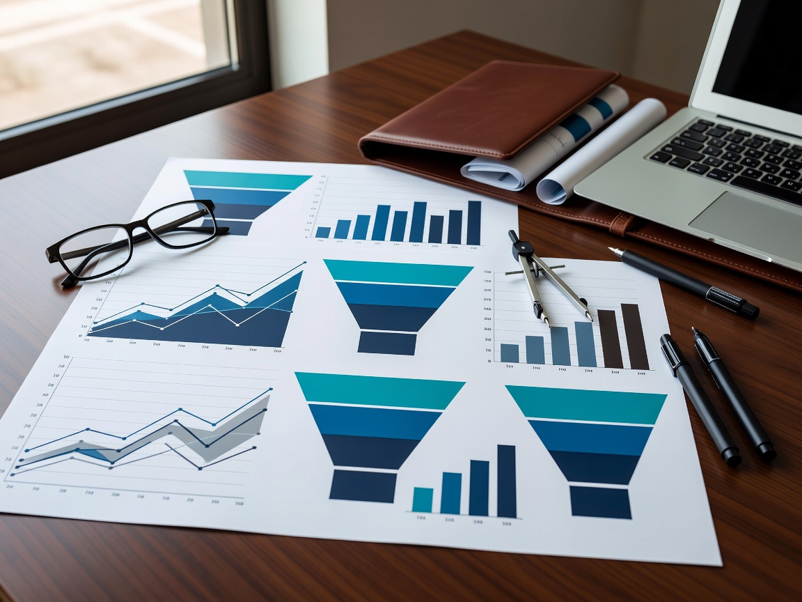 Analytical sales charts and funnel diagrams laid on an editorial desk