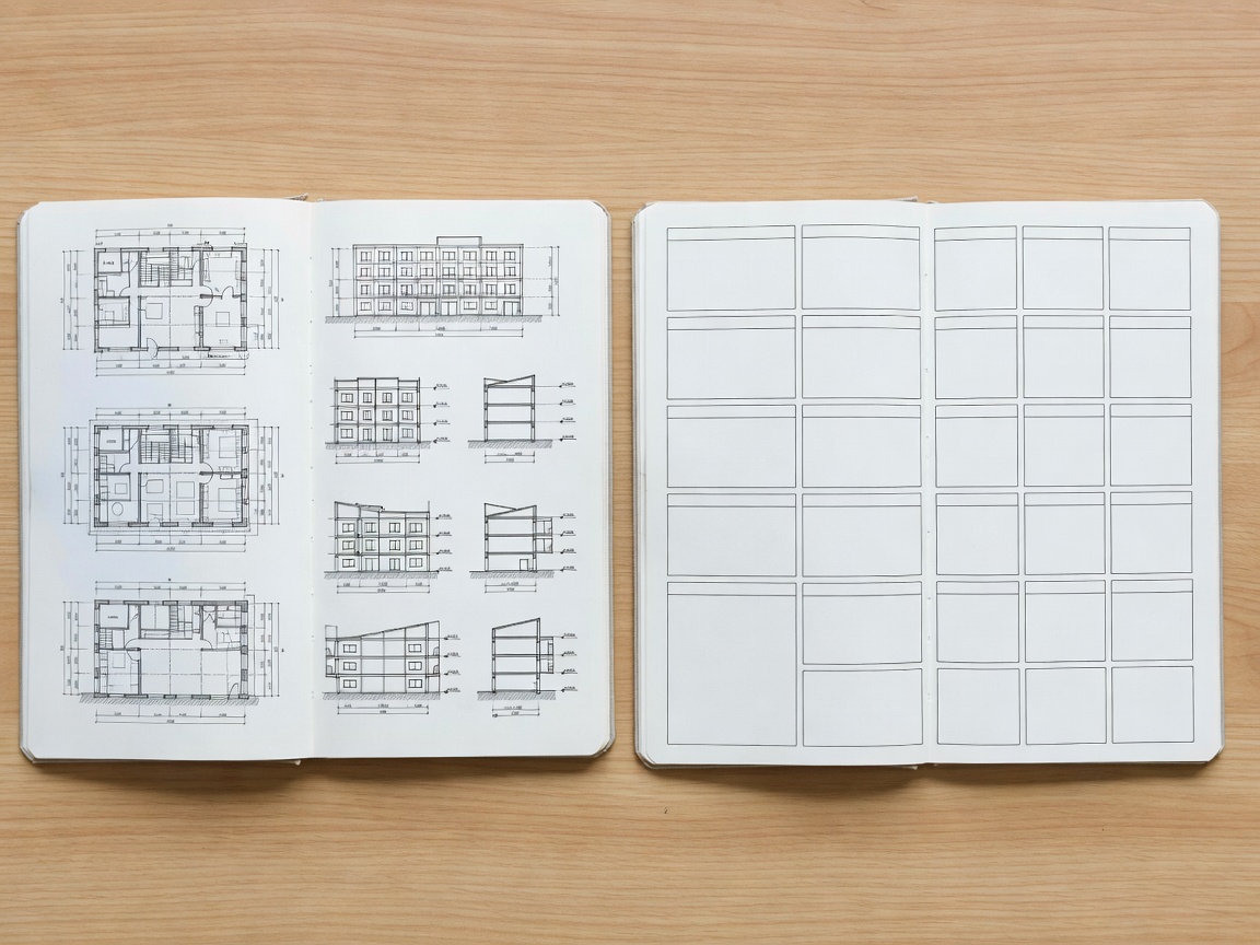 Architectural drawings and business model canvas notebooks side-by-side