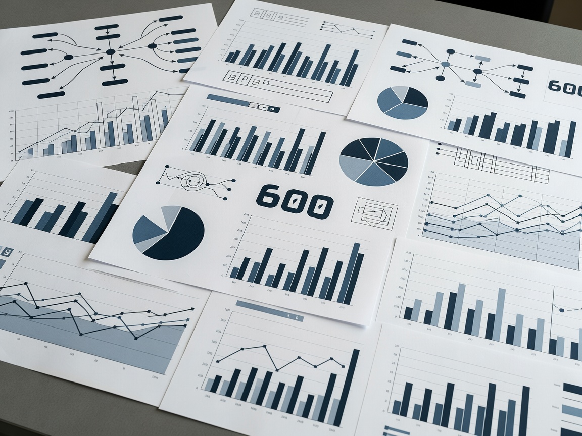 Close-up of printed marketing diagrams and data analytics blueprints
