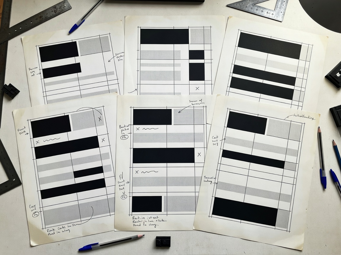 Draft layout of mid-century print advertising proofs with typography grids and handwritten copy notes