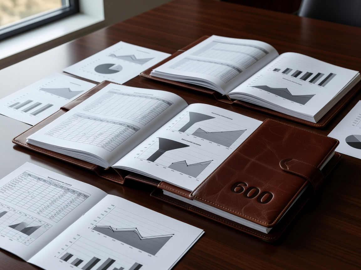 Executive pipeline spreadsheets, funnel metrics, and financial growth graphs bound in leather portfolios