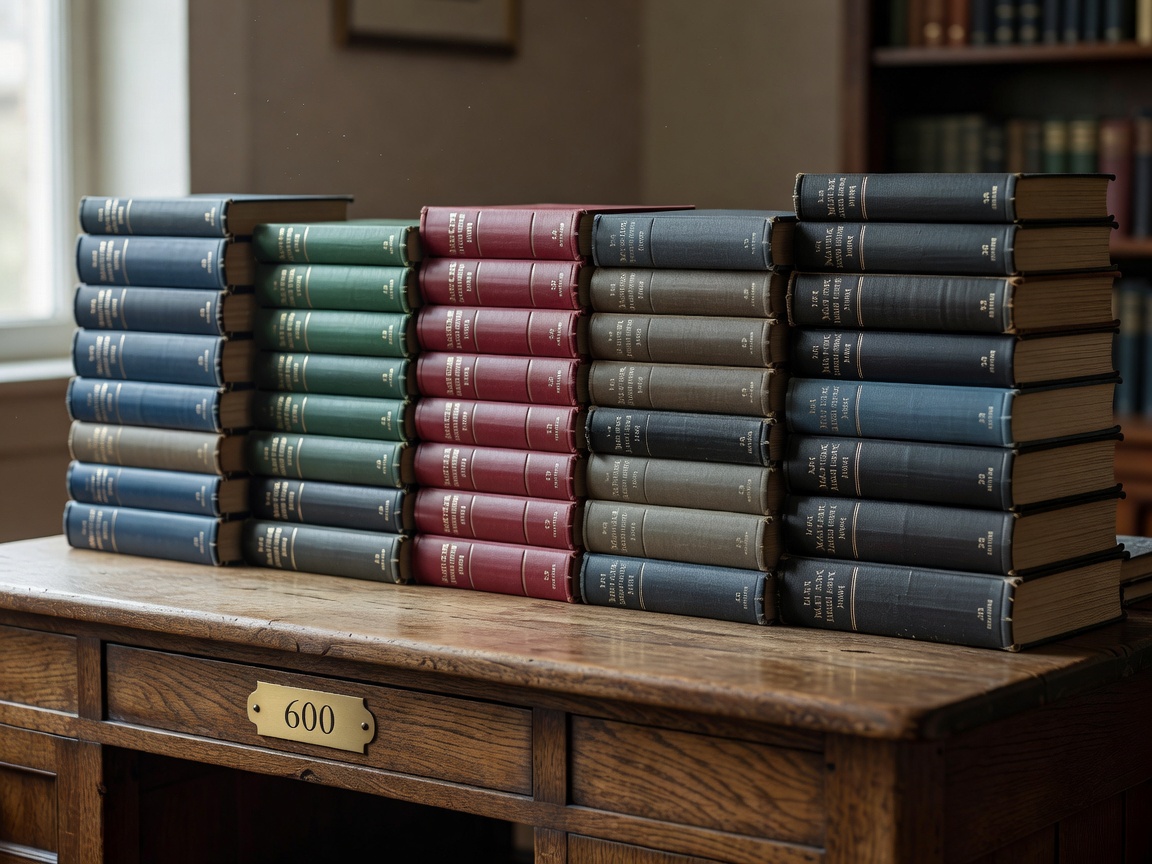 Hardbound marketing management volumes organized by publication decade on an oak desk